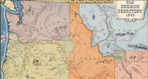 Painted map of Washington, Oregon, Idaho, Montana, and Wyoming. Each state is a different color. 